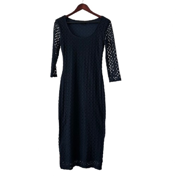 As U Wish Women's M Navy Blue Midi Pullover Sleeved Knit Bidycon Crochet Dress - Picture 3 of 15